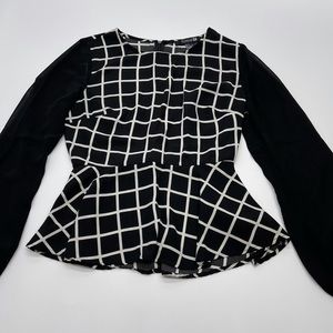 Forever 21 Peplum Plaid Blouse Sheer Sleeves Black White Small